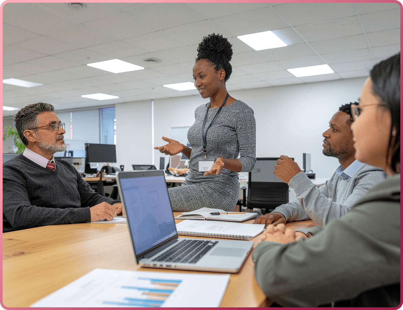 Professional woman leading a meeting with colleagues working on laptops